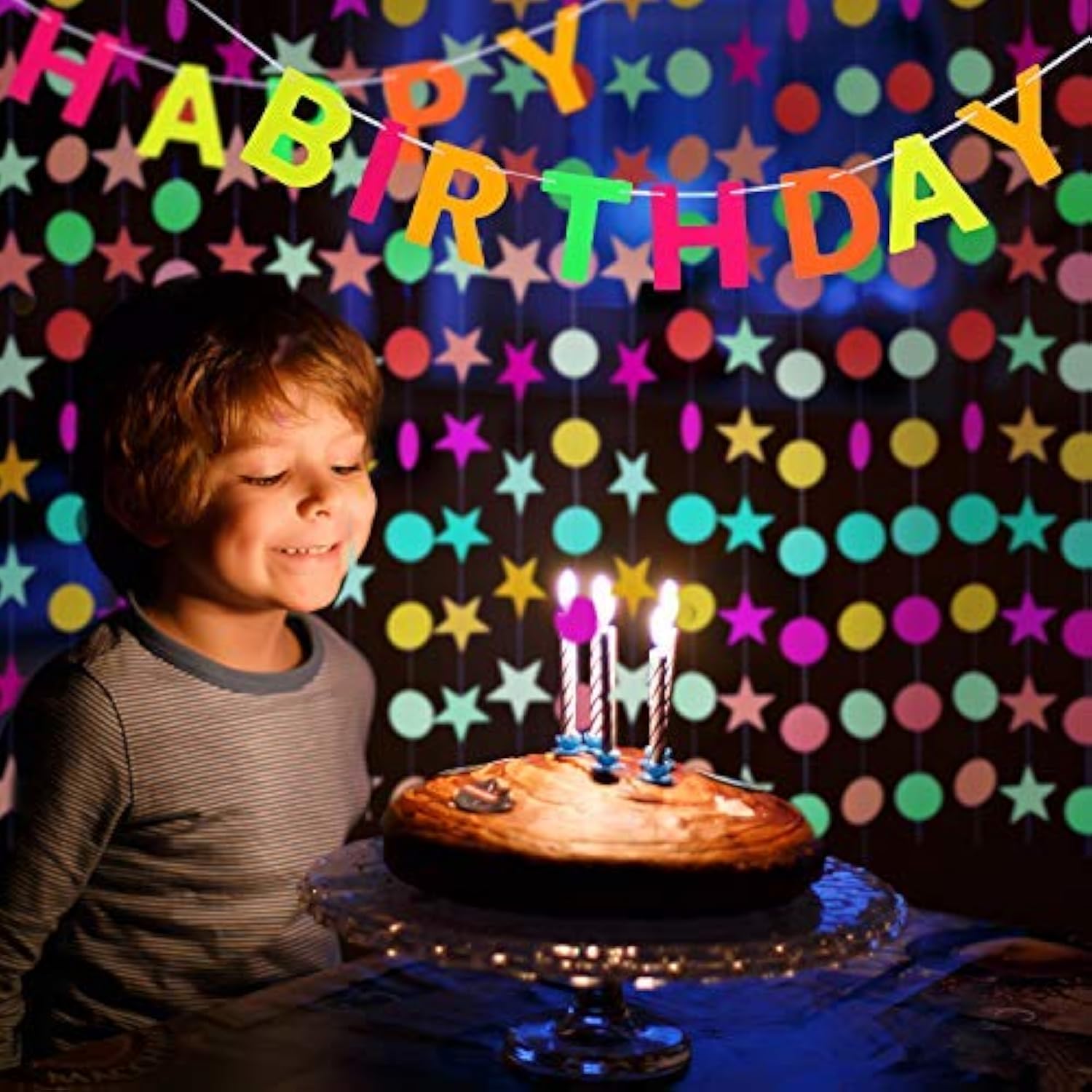 3 Pieces Neon Happy Birthday Banner Black Light Circle Dots Banner Col