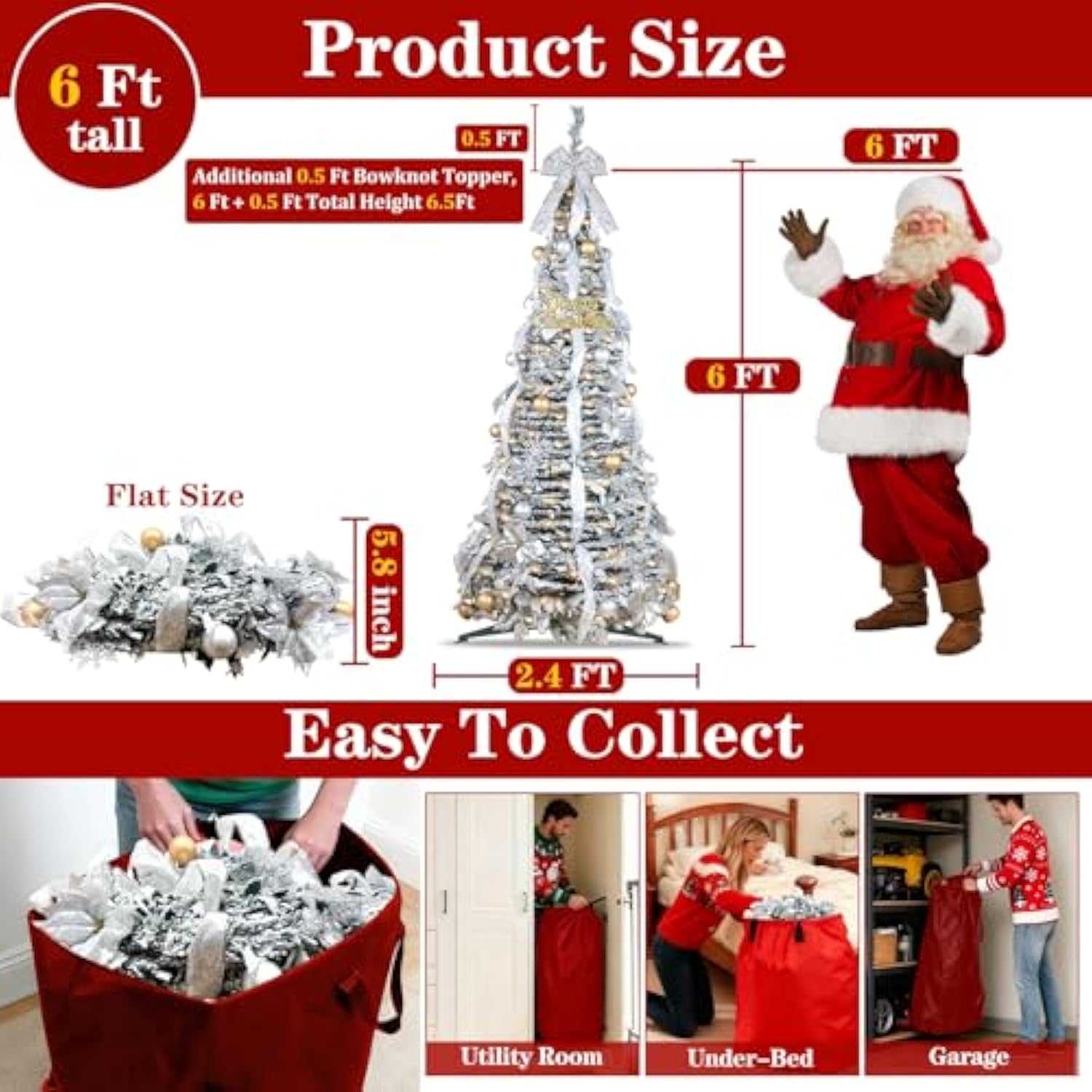 6 Ft Flocked Pop Up Christmas Tree,Prelit 200 Led Lights,Opens Instantly,Fully Decorated 80 Ornaments,8 Mode Warm White Light & Timer,Foldable Xmas Tree Fire-Resistant Collapsible Outdoor Indoor Decor