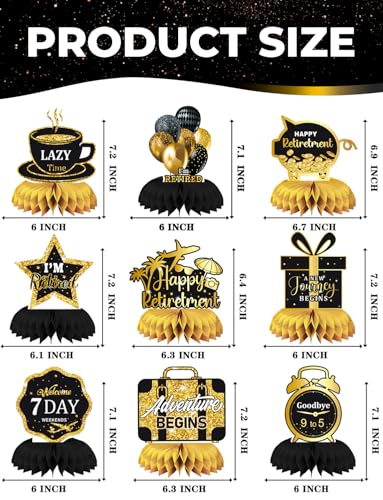 Retirement Party Table Decorations – 9PCS Black and Gold Retirement Centerpieces for Table, Happy Retirement Party Decorations for Office, Men and Women Farewell Decor