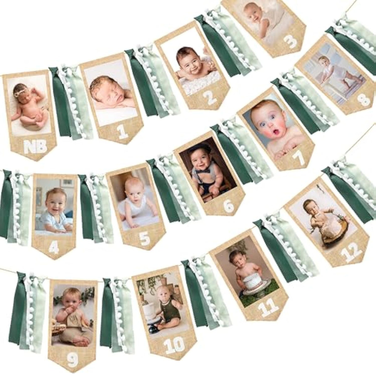 1St Birthday Burlap Photo Banner Garland Handmade Felt From Newborn To 12 Months With Gradient Sage Green Ribbon For Baby Boy Girl Monthly Milestones First Birthday Party Decoration Supplies