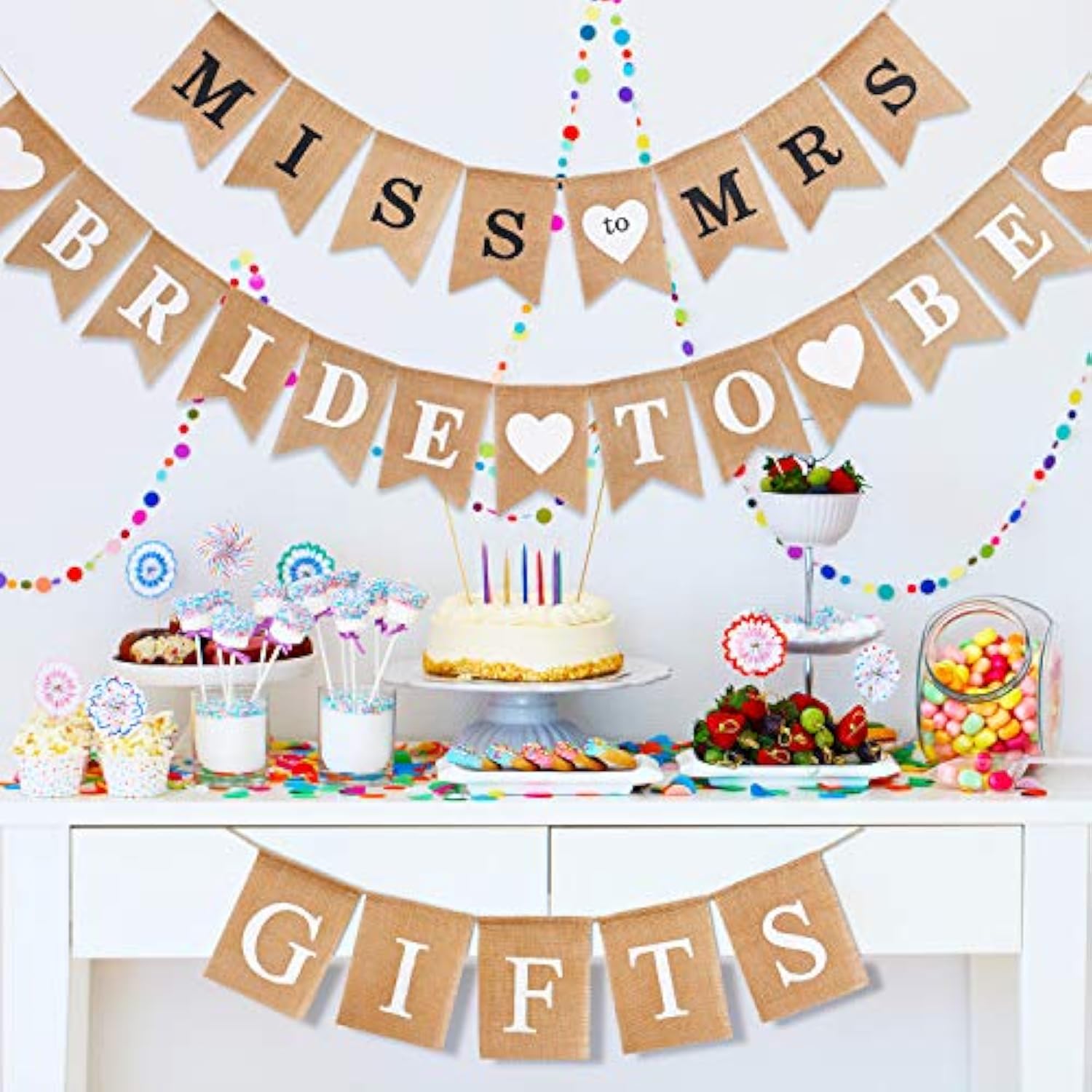 3 Pc Rustic Burlap Bridal Shower Decor Set Black Bunting Banner & Gifts