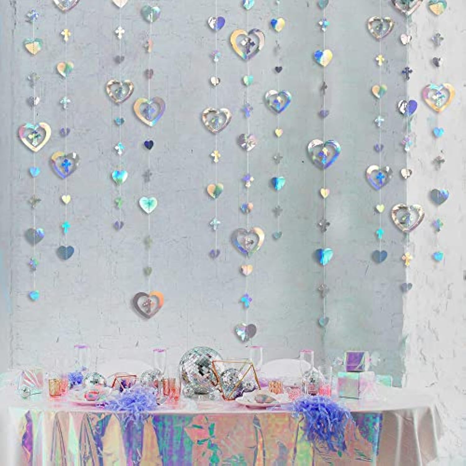 40 Ft Iridescent Cross Heart Garlands 3D Holographic Paper Streamer Fo
