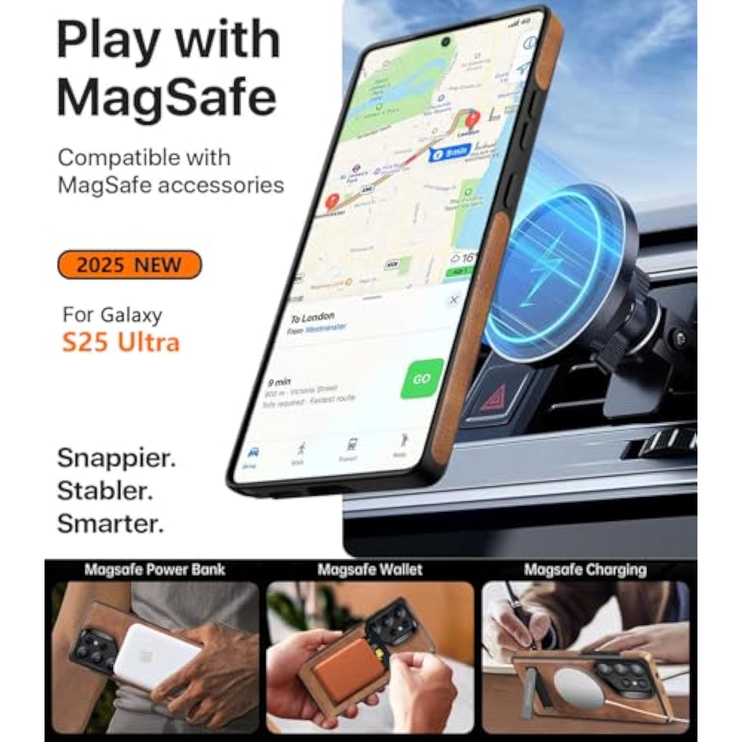 Brown leather Galaxy S25 Ultra case with MagSafe, strong magnets & kickstand.