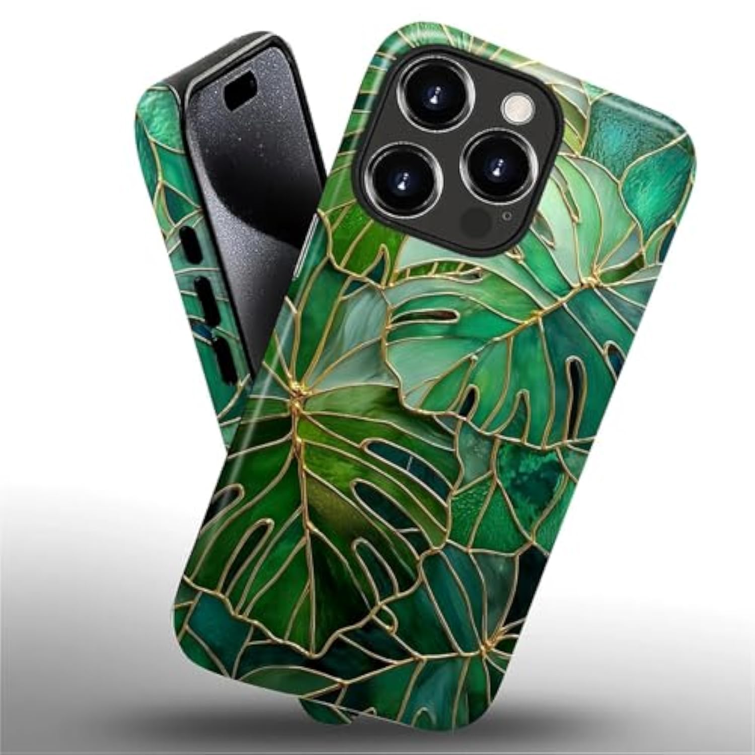Case For Iphone 16 Pro,Stained Glass Style Monstera Leafs Design - Hybrid Dual Protection Soft Tpu + Hard Pc, Shockproof Anti-Scratch Cover Men Women Girl Stylish Phone Case