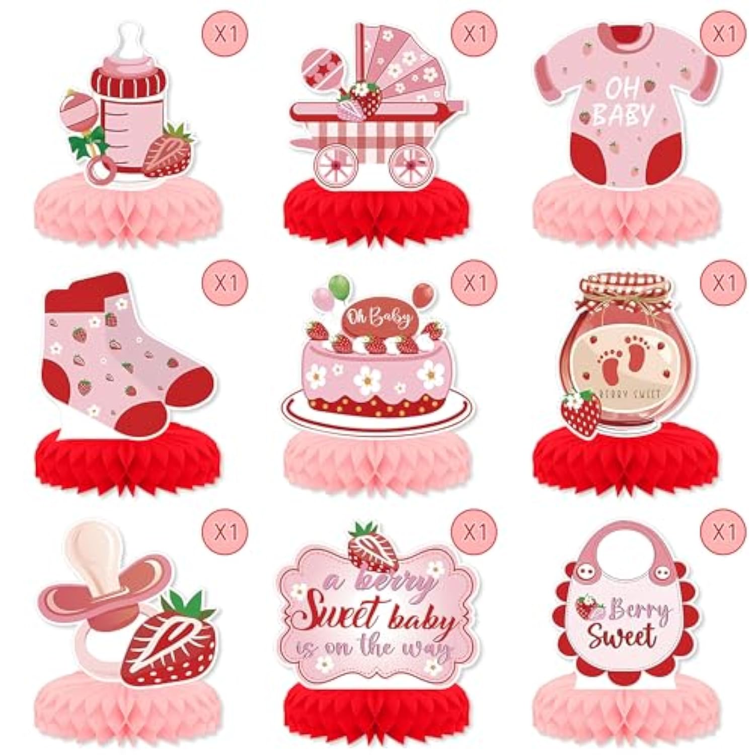 9PCS Strawberry Baby Shower Centerpieces – 3D Table Decor for Boys & Girls