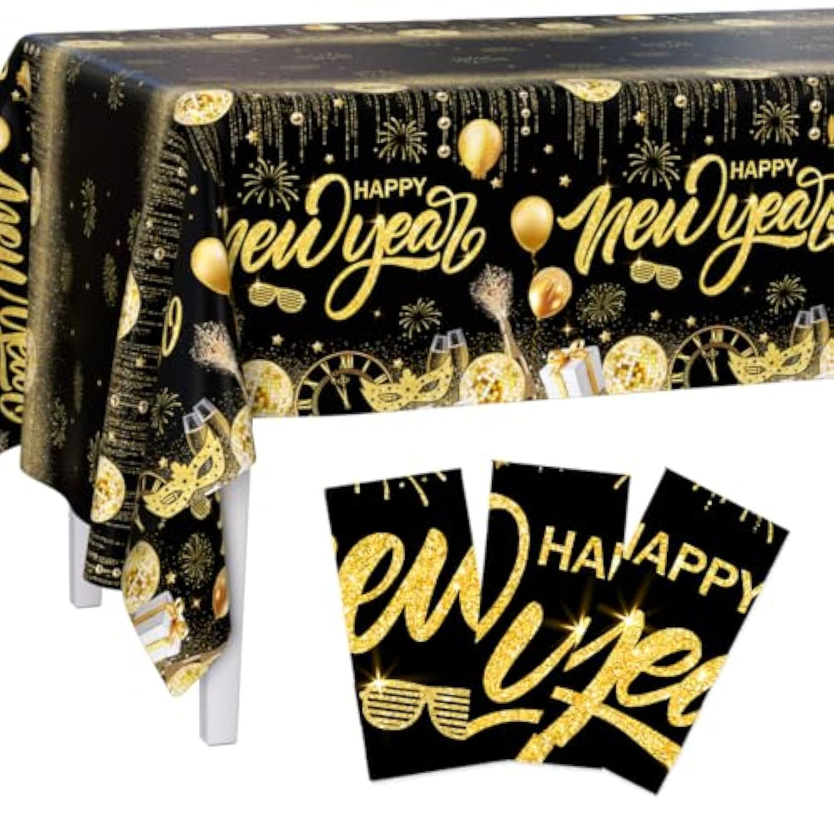 3pc Black Gold Happy New Year 2026 Disposable Tablecloths 108x54in