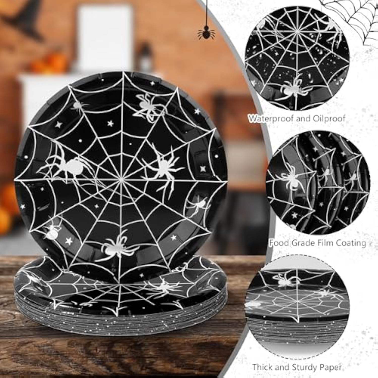Halloween Spiderweb Tableware Set Disposable Plates Cups Napkins Cutlery Banner Decor Black