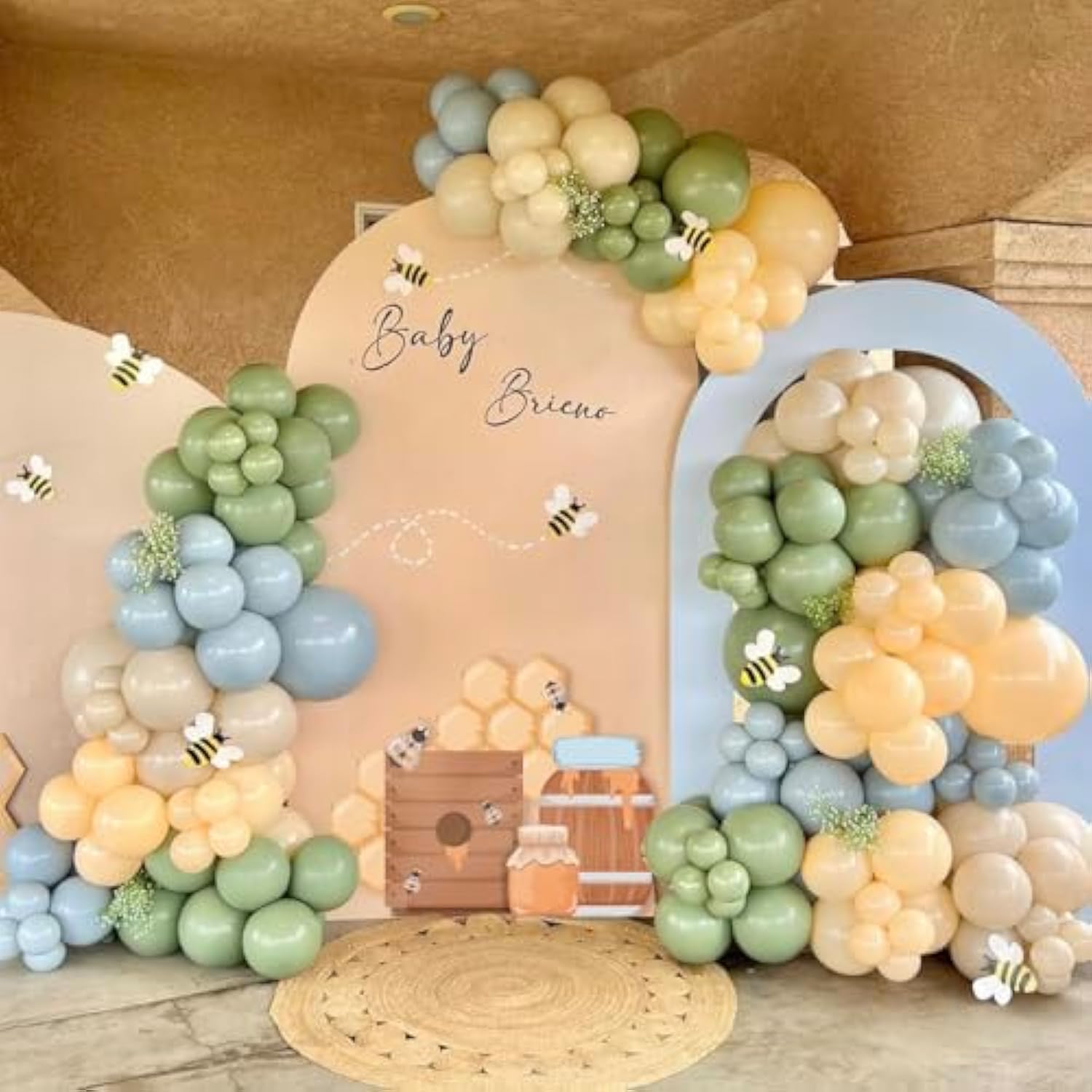 156Pcs Blue And Yellow Balloon Arch Kit, Pastel Balloons With Blue Yellow Sage Green Sand White Balloons For Classic Bear Themed Baby Shower Wedding Birthday Party Decorations