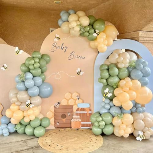 156Pcs Blue And Yellow Balloon Arch Kit, Pastel Balloons With Blue Yellow Sage Green Sand White Balloons For Classic Bear Themed Baby Shower Wedding Birthday Party Decorations