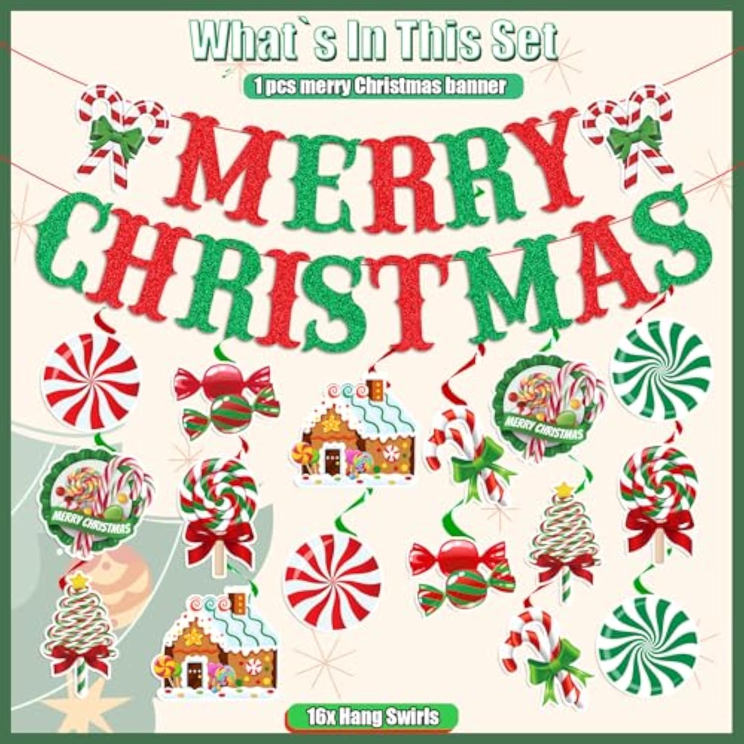 Merry Christmas Candy Banner, Peppermint Decorations Include Candy Banner And Hanging Swirls, Christmas Party Supplies Decorations
