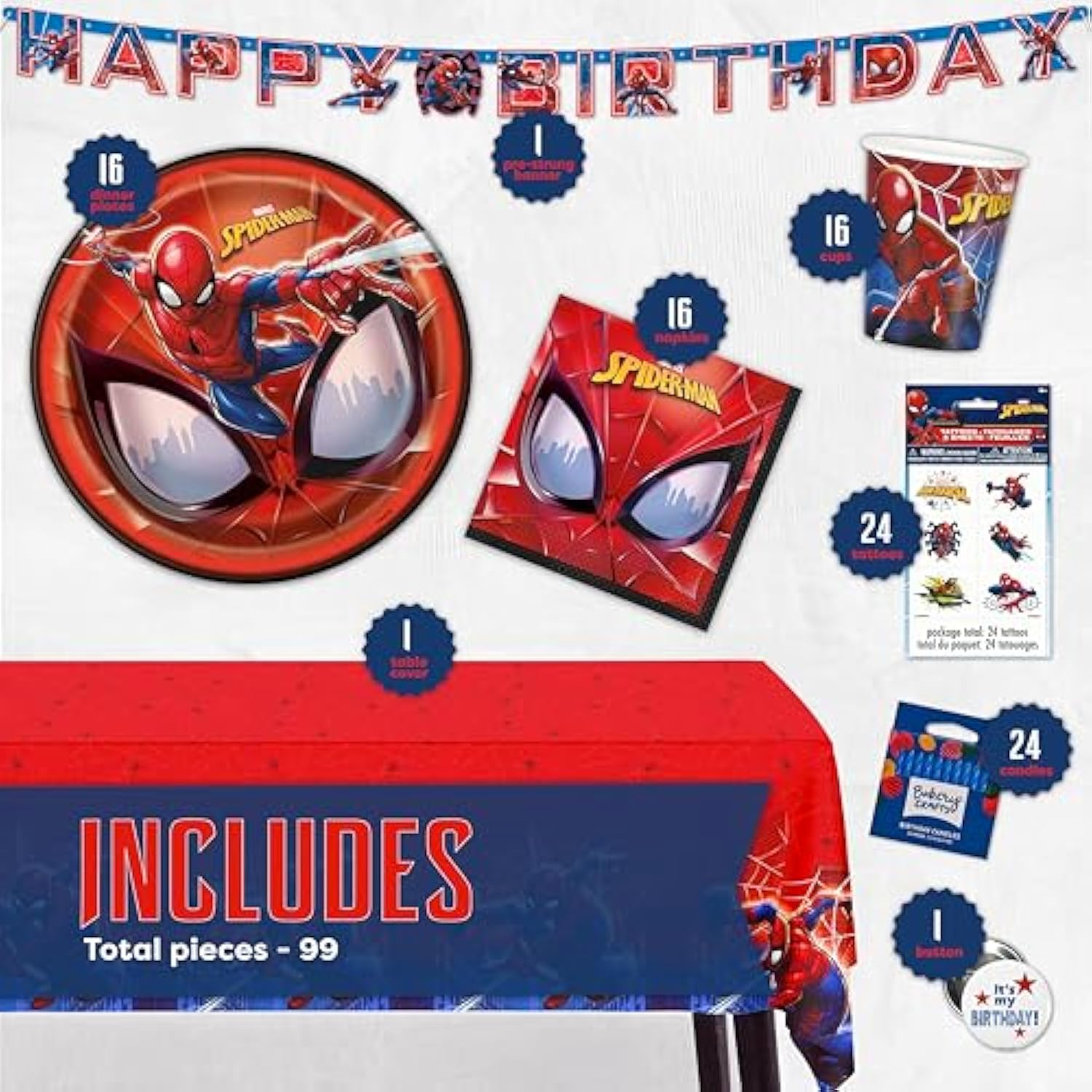 Spiderman Birthday Party Supplies and Decorations, Spiderman Party Supplies, Serves 16 Guests, Includes Tableware and Decor with Table Cover, Banner, Plates, Napkins & More, Officially Licensed