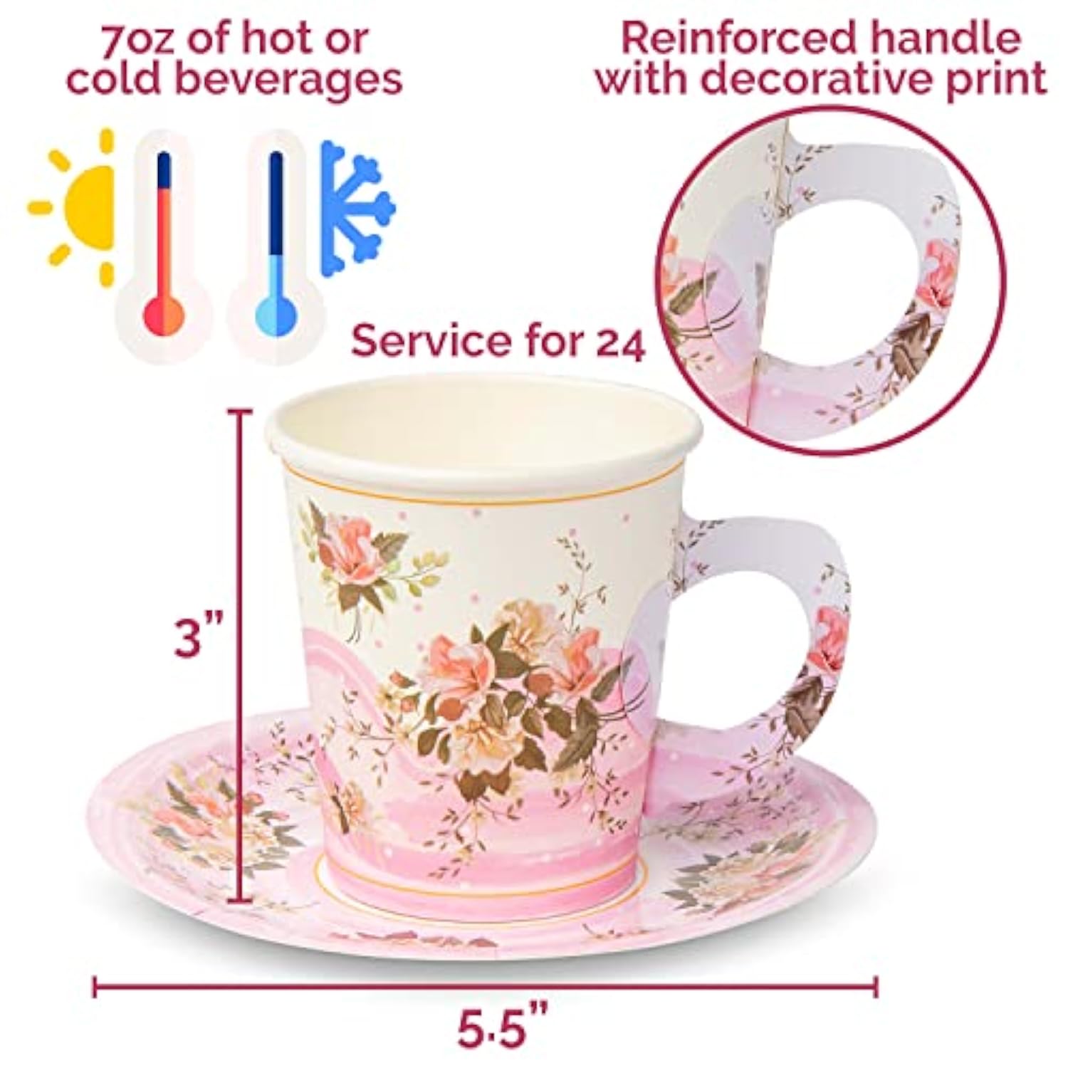 Paper Tea Cup Set, 24 Disposable Teacups With Handles & Saucers, Floral Design For Hot & Cold Drinks, Tea Party Decorations, Tableware