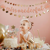 Rose Gold Glitter Miss Onederful Banner, Baby Girl'S 1St Birthday Bunting Sign, Happy 1St Birthday Party Decoration Supplies For Sweet Girl