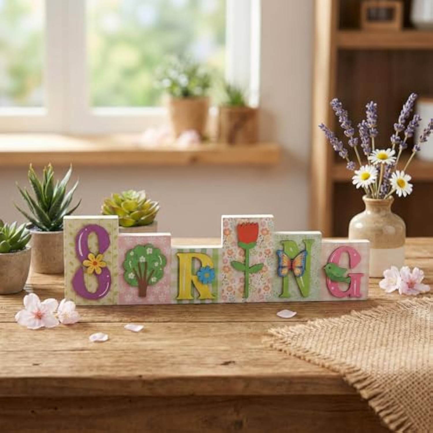 3D Green Wooden Spring Sign, 13.8×3.9Inch Standing Spring Flower Tree Decorative Signage Indoor Table Centerpiece Decor, Seasonal March Tabletop Shelf Mantel Office Desk Decorations For Home