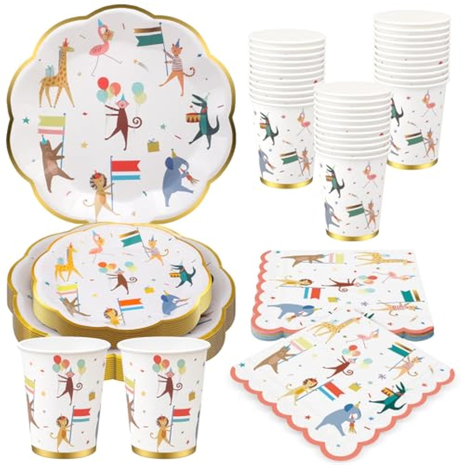 100 Pcs Animal Parade Party Plates Set, Including 9 Inch And 7 Inch Animal Parade Paper Scalloped Plates, Cute Disposable Napkins And Paper Cups For Kids Birthday Decorations, Baby Shower