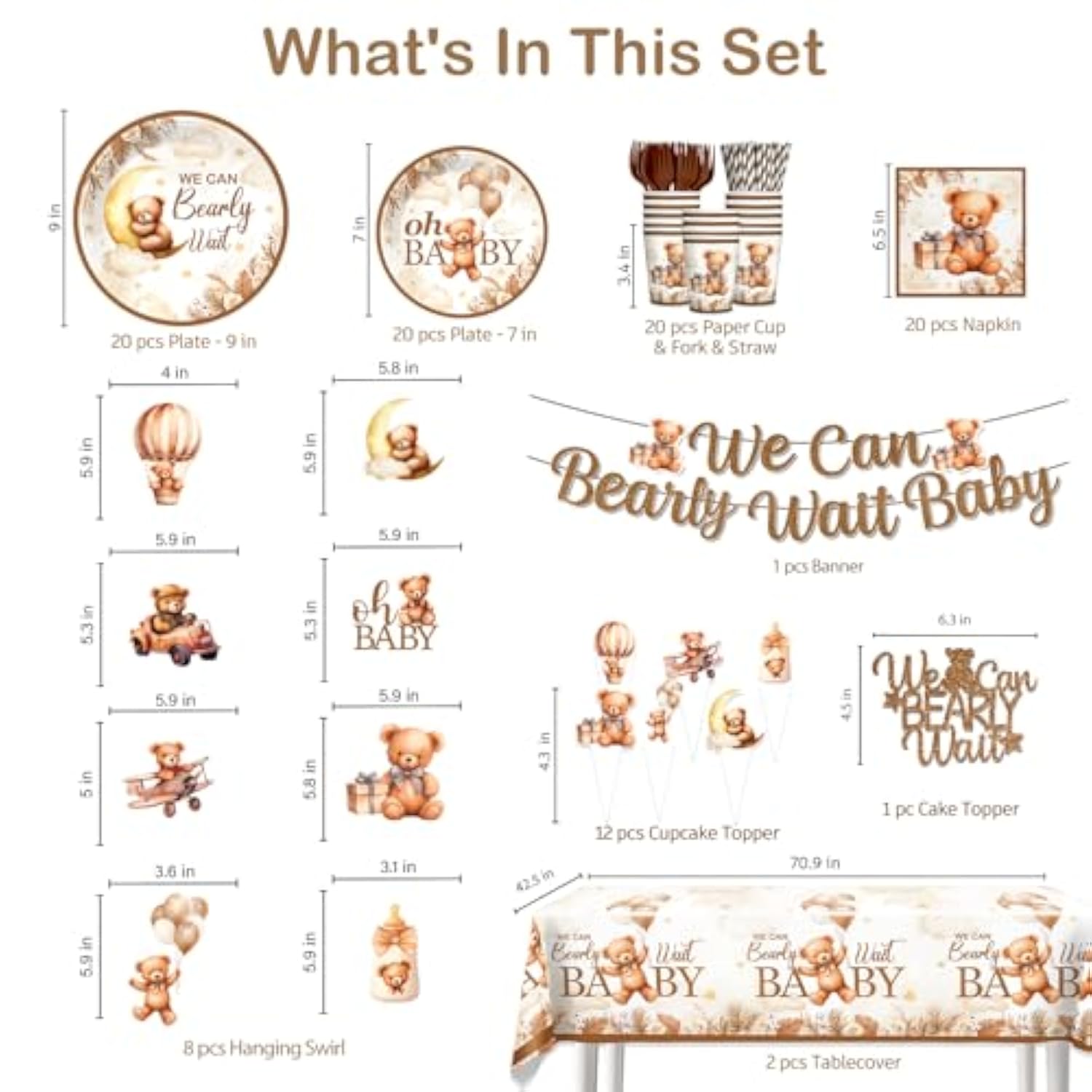 144Pcs Bearly Baby Shower Decorations Tableware Kit, Teddy Bear Baby Shower Decor, Bear Babyshower Decorations Boy Girls, For Barely Theme Party