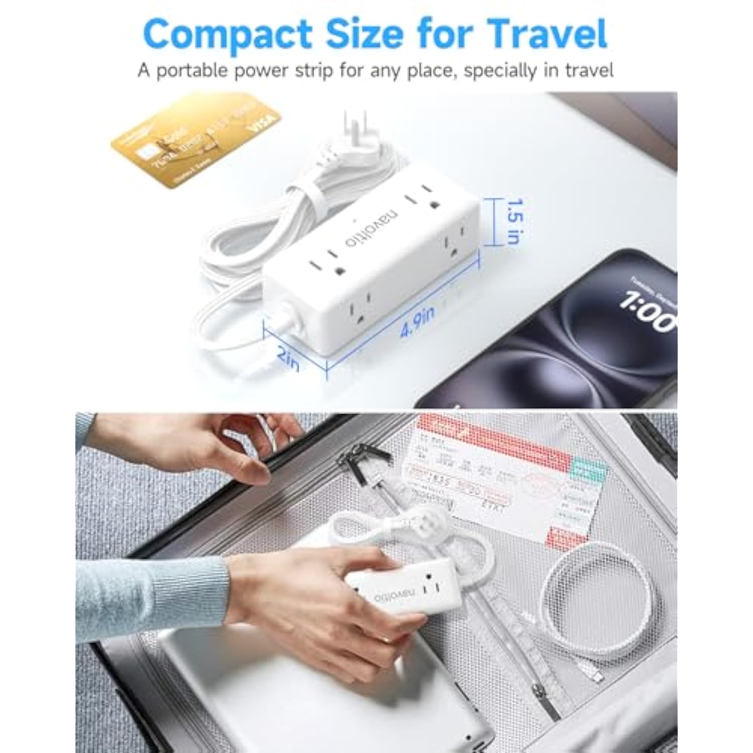 Retractable Usb-C Charger, 20W Pd Fast Travel Charger For Multiple Devices, 5Ft Flat Extension Cord, 4 Ac Outlets, Small Compact Charging Station With Lightening Adapter For Iphone 16/15/14