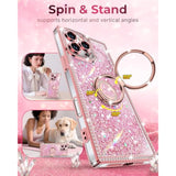 Luxury Glitter Bling Phone Case for iPhone 16 Pro Max with 2-Ring Heart Stand & Lanyard, Pink Rhinestone Shockproof Protective Cover for Women Girls