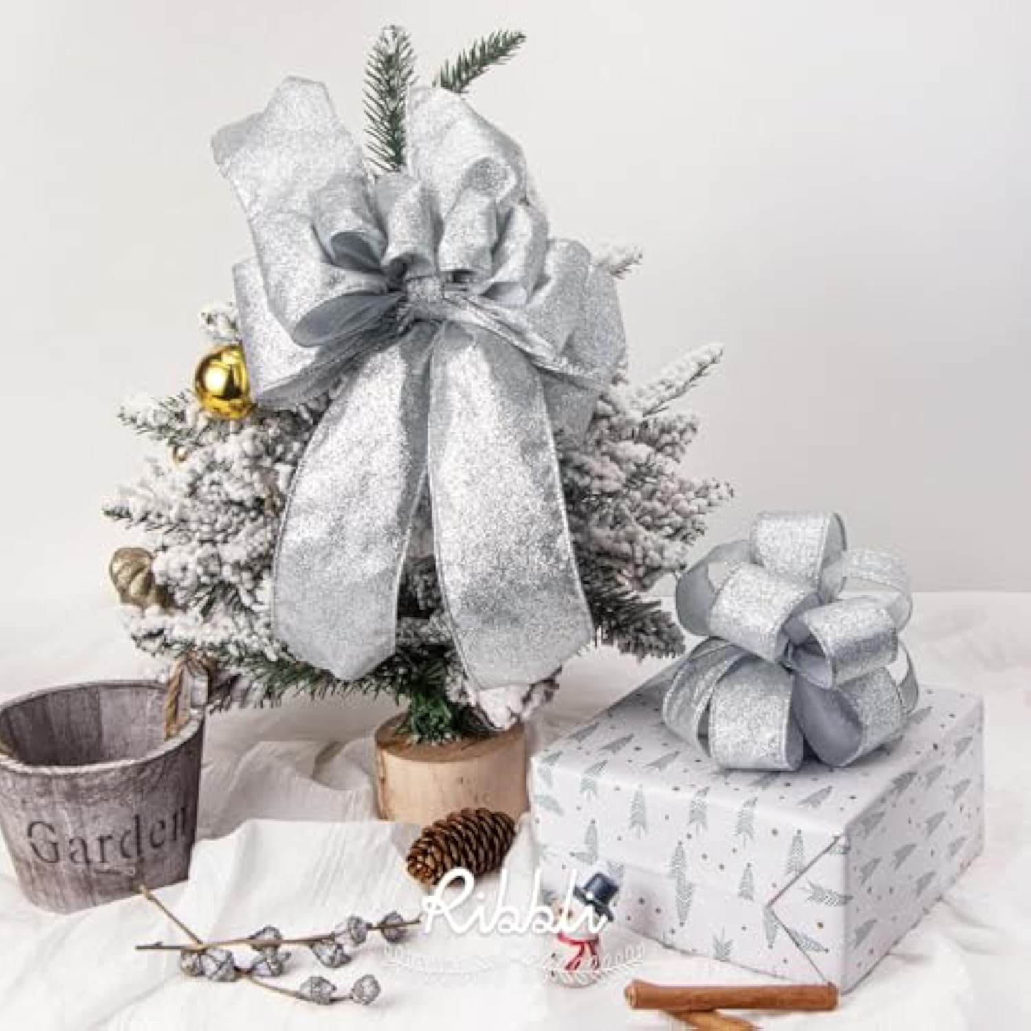 Silver Glitter Wired Ribbon,Silver Ribbon With Metallic Edge,Christmas