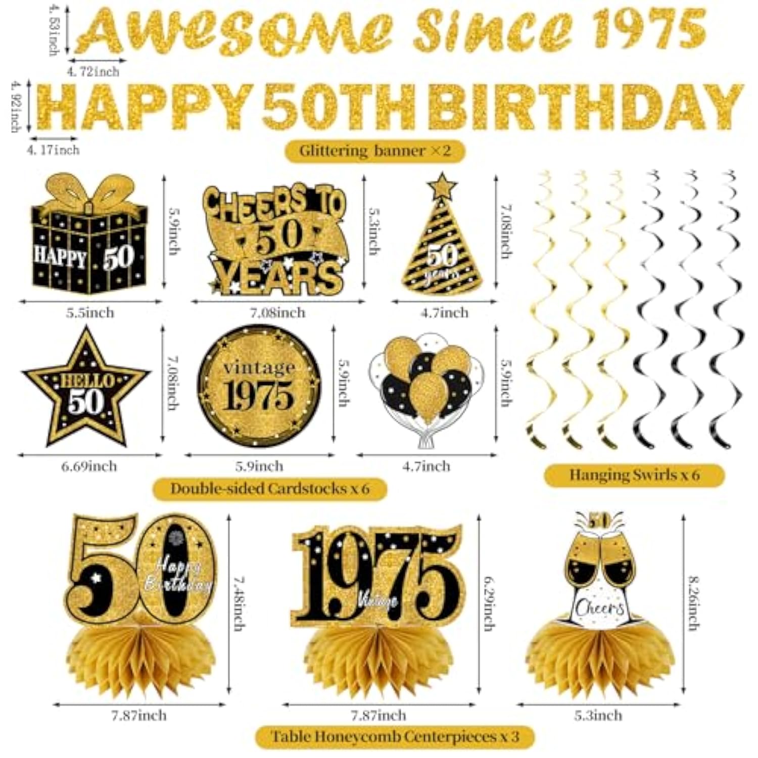 11 Pcs 50th Birthday Kit Black & Gold Banner, Centerpieces & Swirls for Men/Women