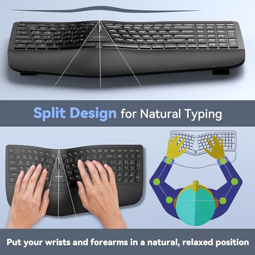 Wireless Ergonomic Keyboard Rechargeable, 2.4G+Bluetooth Ergo Cordless Usb Computer Keyboard, Wrist Rest, Natural Typing, Stain-Resistant Fabric, Compatible For Windows Computer Desktop Laptop
