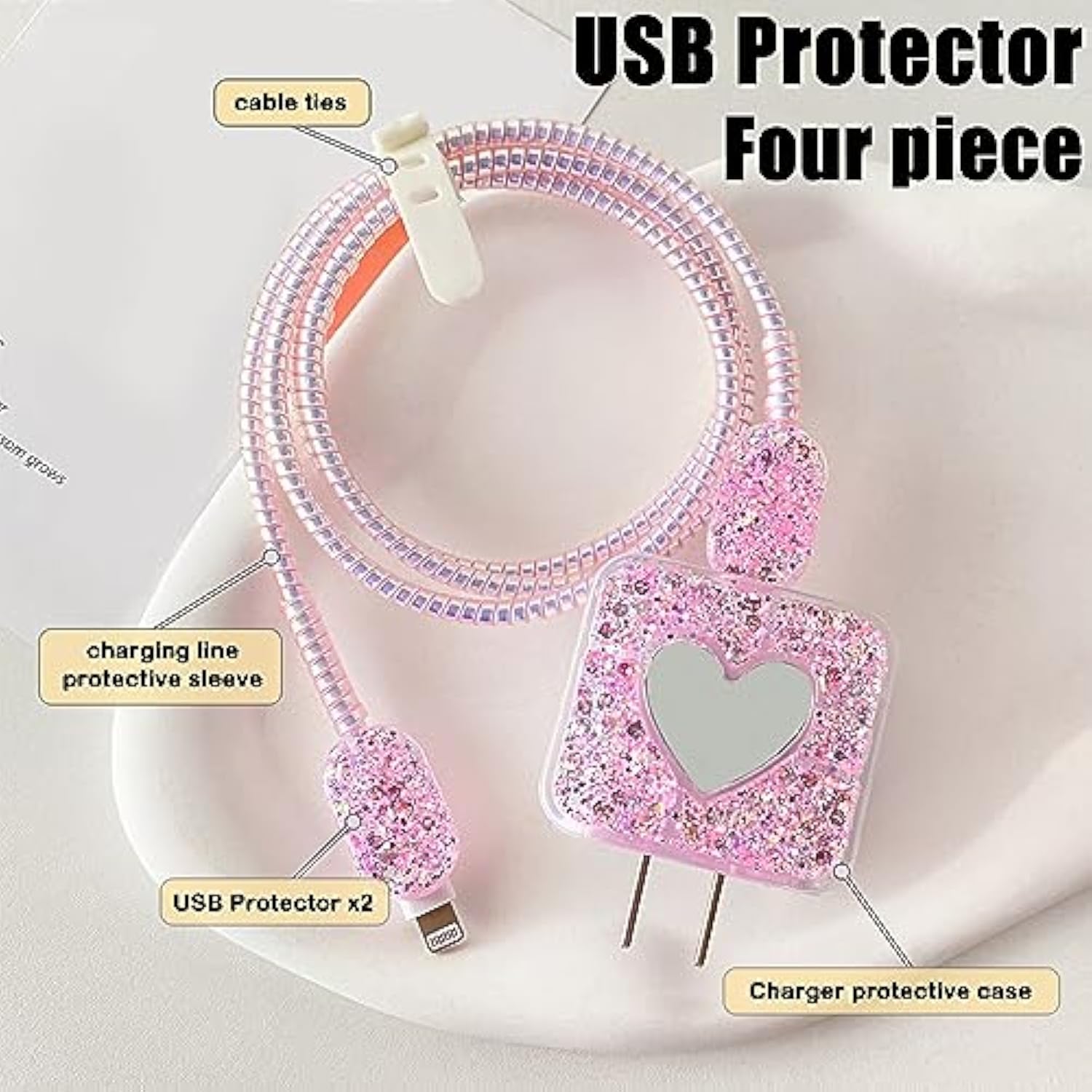 Diy Cable Protector Compatible For Apple Iphone Charger With Mirror,Cute Glitter Bling Love Heart Design,Data Line Usb Case Wire Cable Saver Phone Charger Protector For Iphone (Pink)