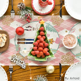 Pink Diamond Plaid Nutcracker Snowflake Christmas Table Runner, Seasonal Winter Kitchen Dining Table Decoration For Home Party Decor 13X72 Inch