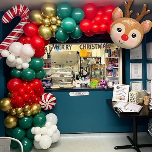 167Pcs Christmas Balloon Arch Kit, Xmas Red Green White Gold Balloon Arch with Candy Cane Balloons Elk Foil Balloons for Christmas New Year Party Decorations
