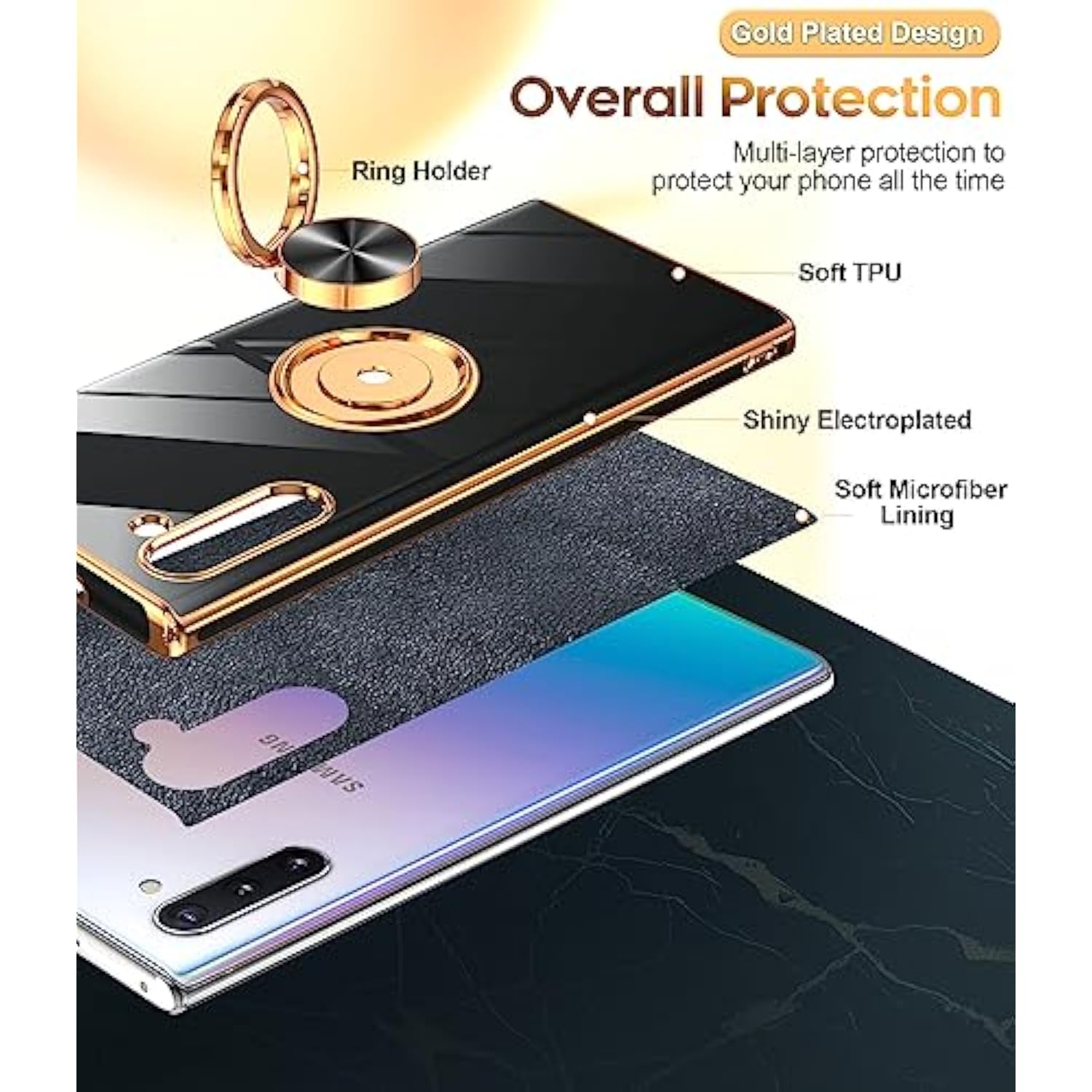 For Galaxy Note 10 Case: 360° Rotatable Ring Holder Magnetic Kickstand, Plating Rose Gold Edge Protective Case [ Not Applicable Note 10 Plus], Black