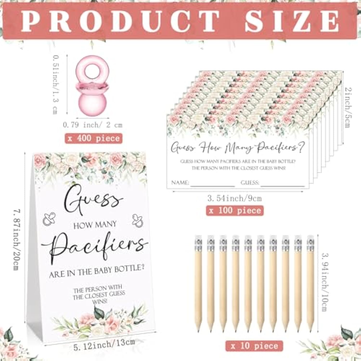 512 Pcs Baby Shower Games Guess How Many Pacifiers Sign 100 Small Guessing Games 10 Hb Pencils 750Ml Milk Bottle 400 Acrylic Pacifiers Decoration For Guest Gender Reveal(Pink,Flower)