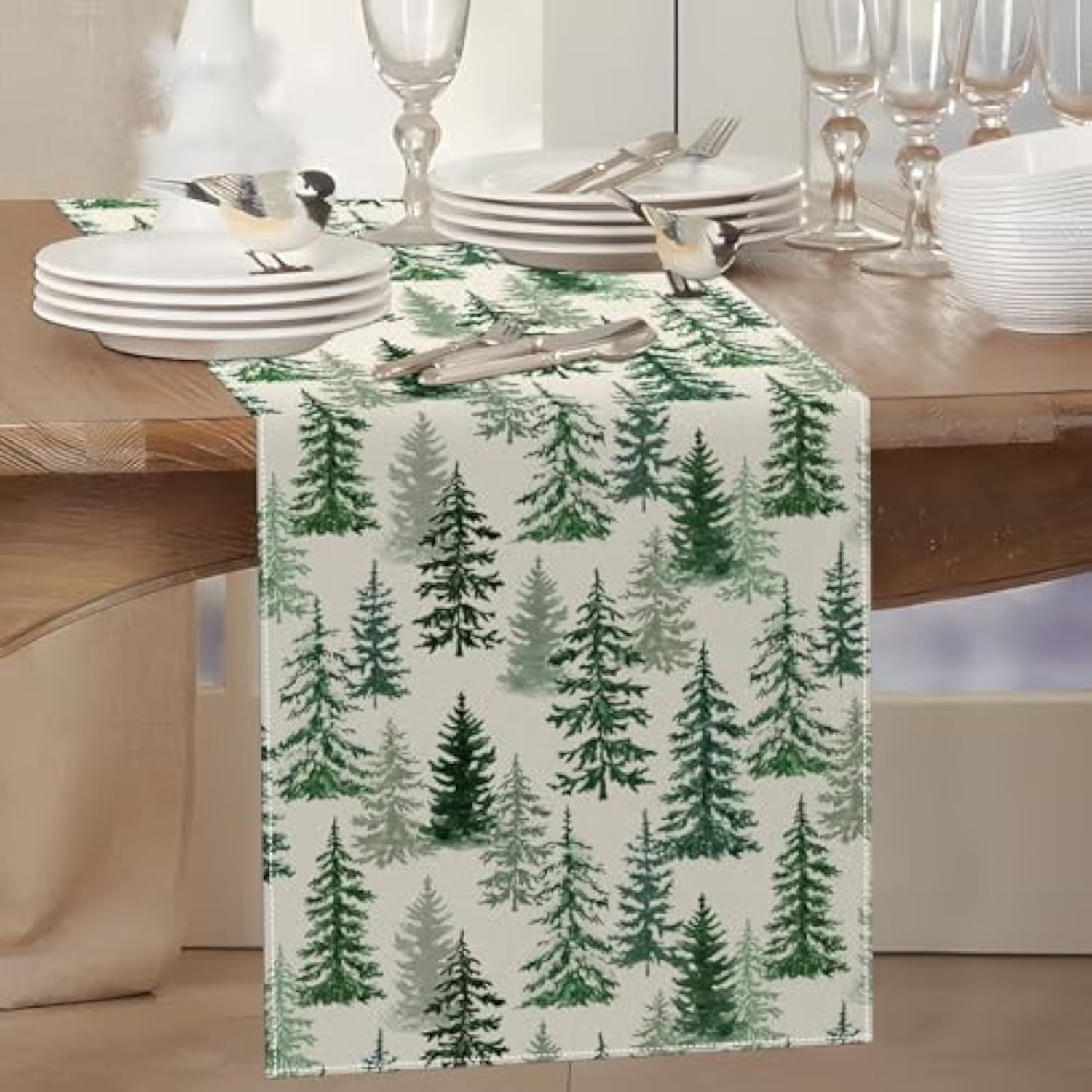 Christmas Winter Table Runner 13X36 Inch, Merry Christmas Green Pine Trees Table Decors For Seasonal Xmas Holiday Farmhouse Home Kitchen Dining Party