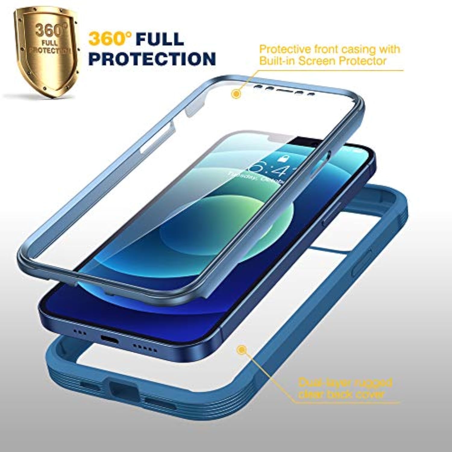 Designed For Iphone 12/12 Pro Case, Full Body Rugged With Built-In Touch Sensitive Anti-Scratch Screen Protector, Soft Tpu Bumper Case For Iphone 12/12 Pro 6.1" (Blue)