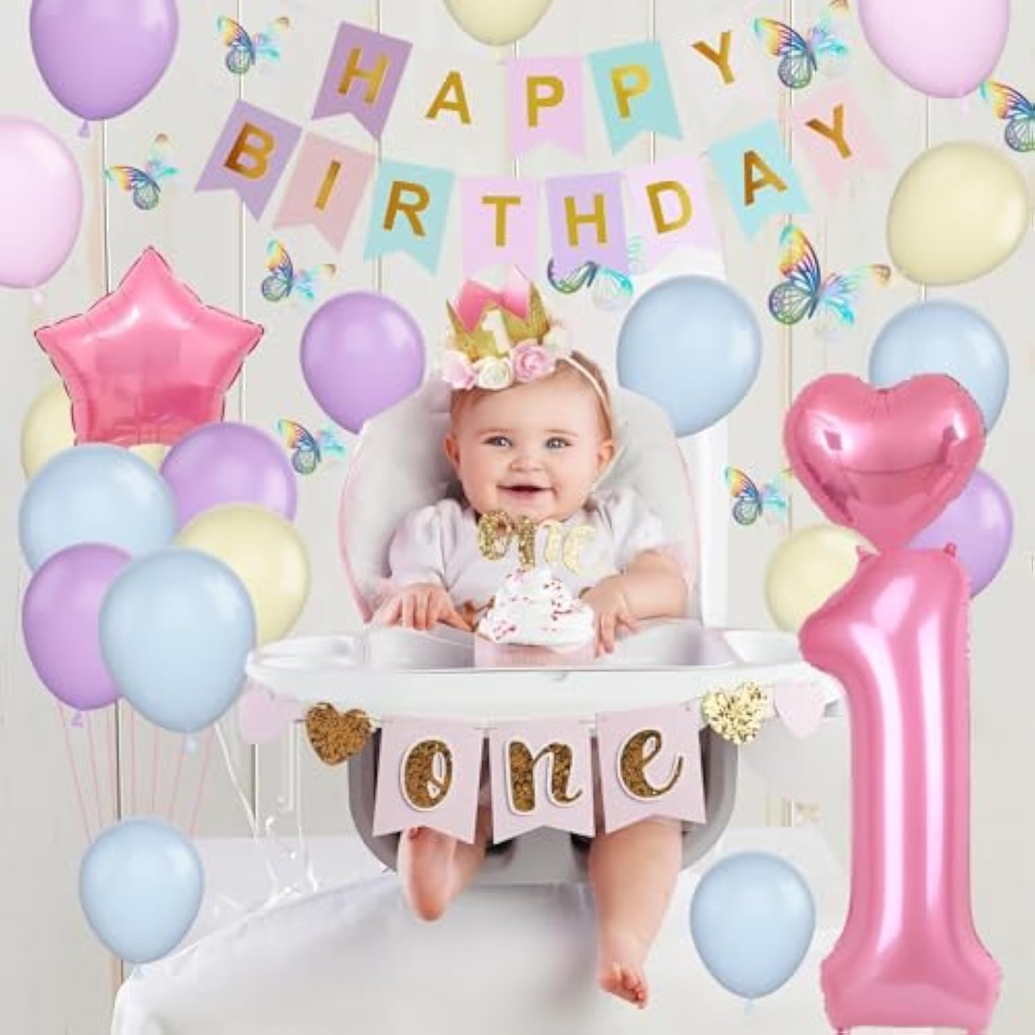 32pcs 1st Birthday Kit for Girls with Balloons, Foil Stars, Butterflies & Banner