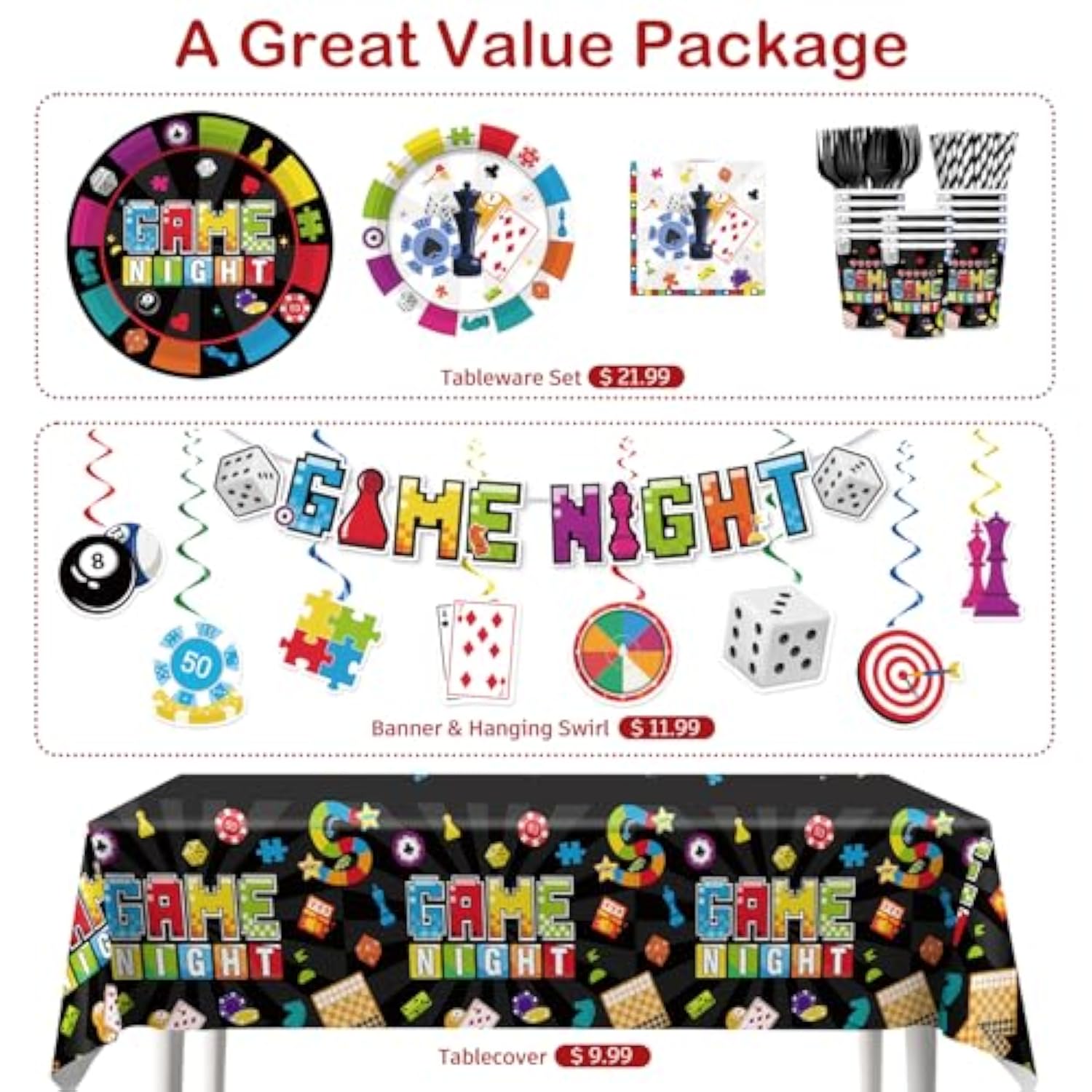 162Pcs Game Night Decorations Tableware, With Cake Toppers, 25 Serves Disposable Tableware Set, With Banner, Plates, Napkins, And Cups, Tablecloth For Game Night Party Decorations