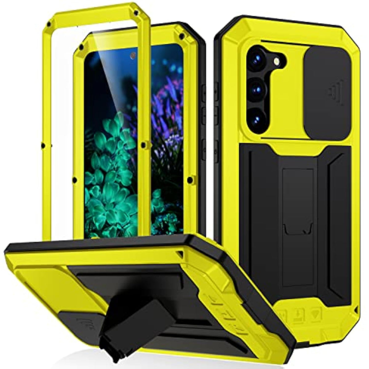 Samsung Galaxy S23 Plus Metal Case with Slide Camera Cover Built in Screen Protector Full Body Hybrid S24 Plus Case Metal Kickstand Military Heavy Duty Armor Silicone Case for Men and Women (Yellow)