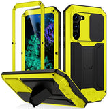 Samsung Galaxy S23 Plus Metal Case with Slide Camera Cover Built in Screen Protector Full Body Hybrid S24 Plus Case Metal Kickstand Military Heavy Duty Armor Silicone Case for Men and Women (Yellow)
