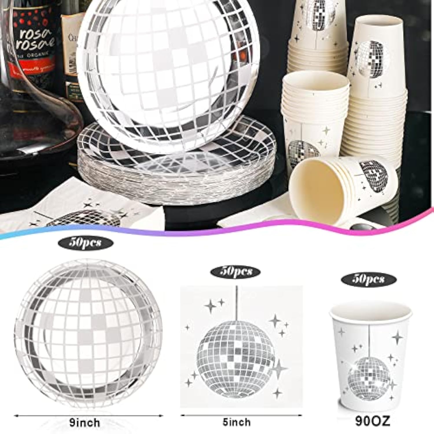 150 Pcs 70S Disco Party Supplies Silver Disco Ball Paper Dinner Plates, Paper Cups, Cocktail Napkins For Wedding Picnic Travel(White And Silver)