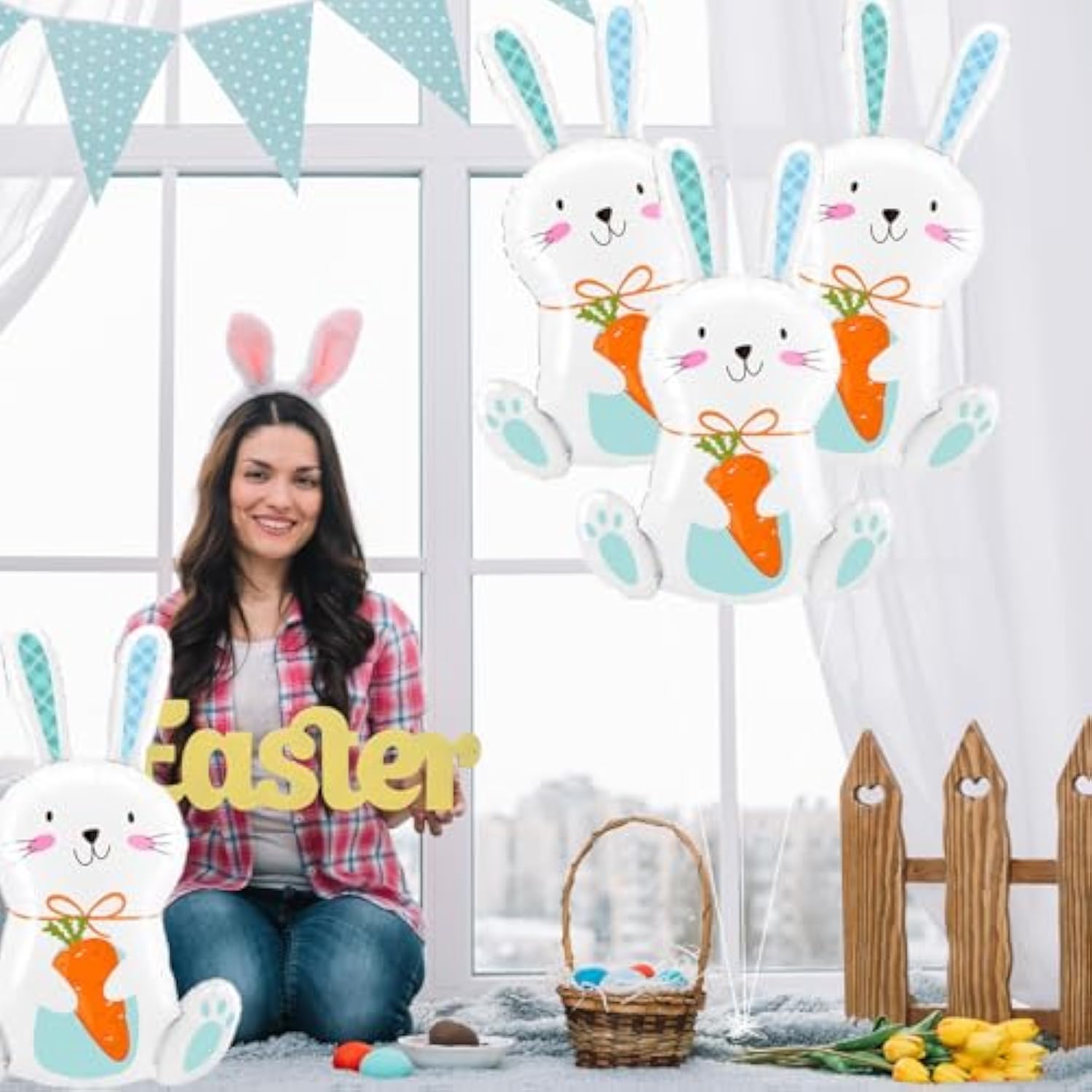 5 Pieces 30 Inches Large Easter Bunny Foil Balloons, Cute White Rabbit With Carrot Mylar Balloons For Easter Day Party Supplies, Spring Baby Shower, And Birthday Decorations