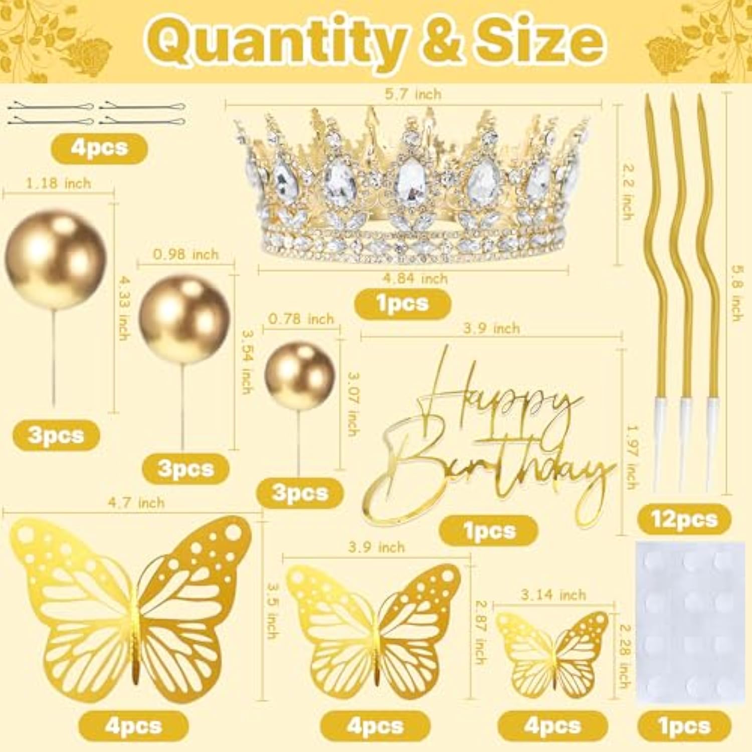 Crown Cake Topper, Balls Happy Birthday Cake Toppers With Crown Birthday Candles Gold Butterflies, Corona Para Pastel, Cake Decorations For Wedding Baby Shower Party Decorations (Gold)1