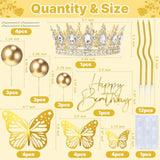 Crown Cake Topper, Balls Happy Birthday Cake Toppers With Crown Birthday Candles Gold Butterflies, Corona Para Pastel, Cake Decorations For Wedding Baby Shower Party Decorations (Gold)1
