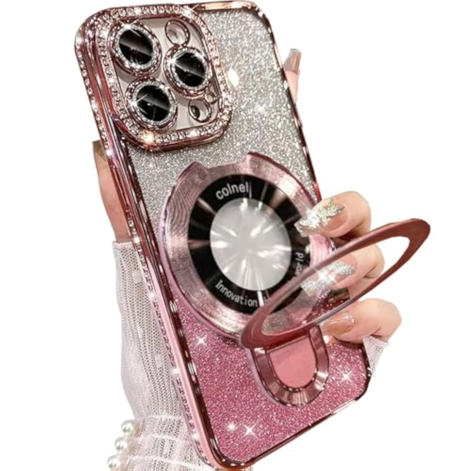 Magnetic Ring Stand Glitter Case For Iphone 15 Pro Max, (Compatible With Magsafe) Luxury Bling Diamond Rhinestones Cover With Camera Lens Protector For Women Girls,Pink
