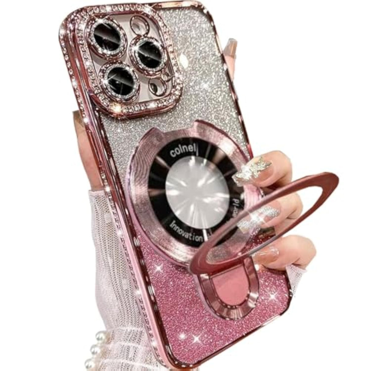 Magnetic Ring Stand Glitter Case For Iphone 15 Pro Max, (Compatible With Magsafe) Luxury Bling Diamond Rhinestones Cover With Camera Lens Protector For Women Girls,Pink