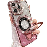 Magnetic Ring Stand Glitter Case For Iphone 15 Pro Max, (Compatible With Magsafe) Luxury Bling Diamond Rhinestones Cover With Camera Lens Protector For Women Girls,Pink