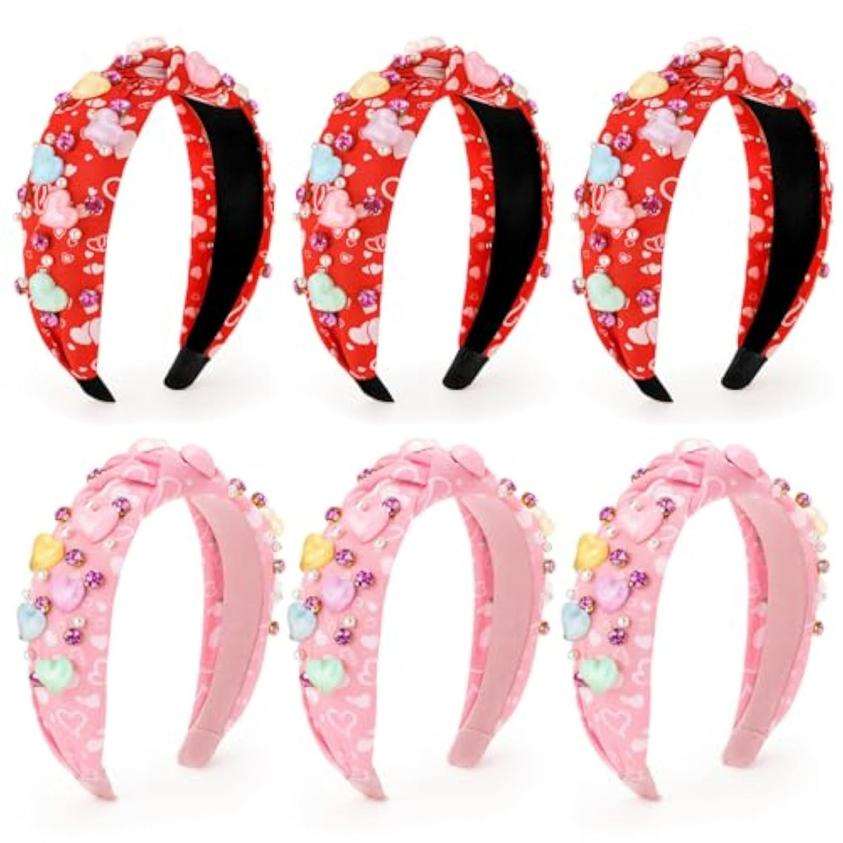 6 Pieces Valentine Headband For Women Heart Knotted Headband Wide Top Pearl Love Hairband For Valentine Holiday Hair Accessories Gifts (Red,Pink)