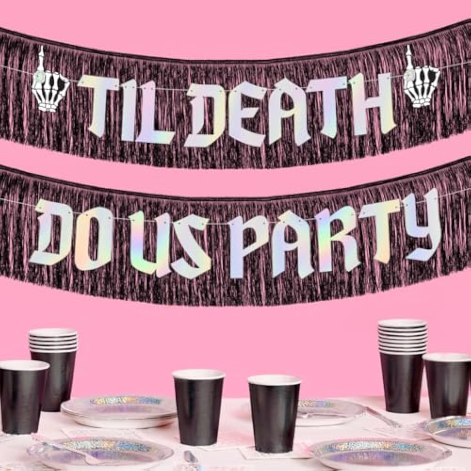 Til Death Do Us Party Fringe Banner Black Iridescent 5Ft Bachelorette Gothic Decor