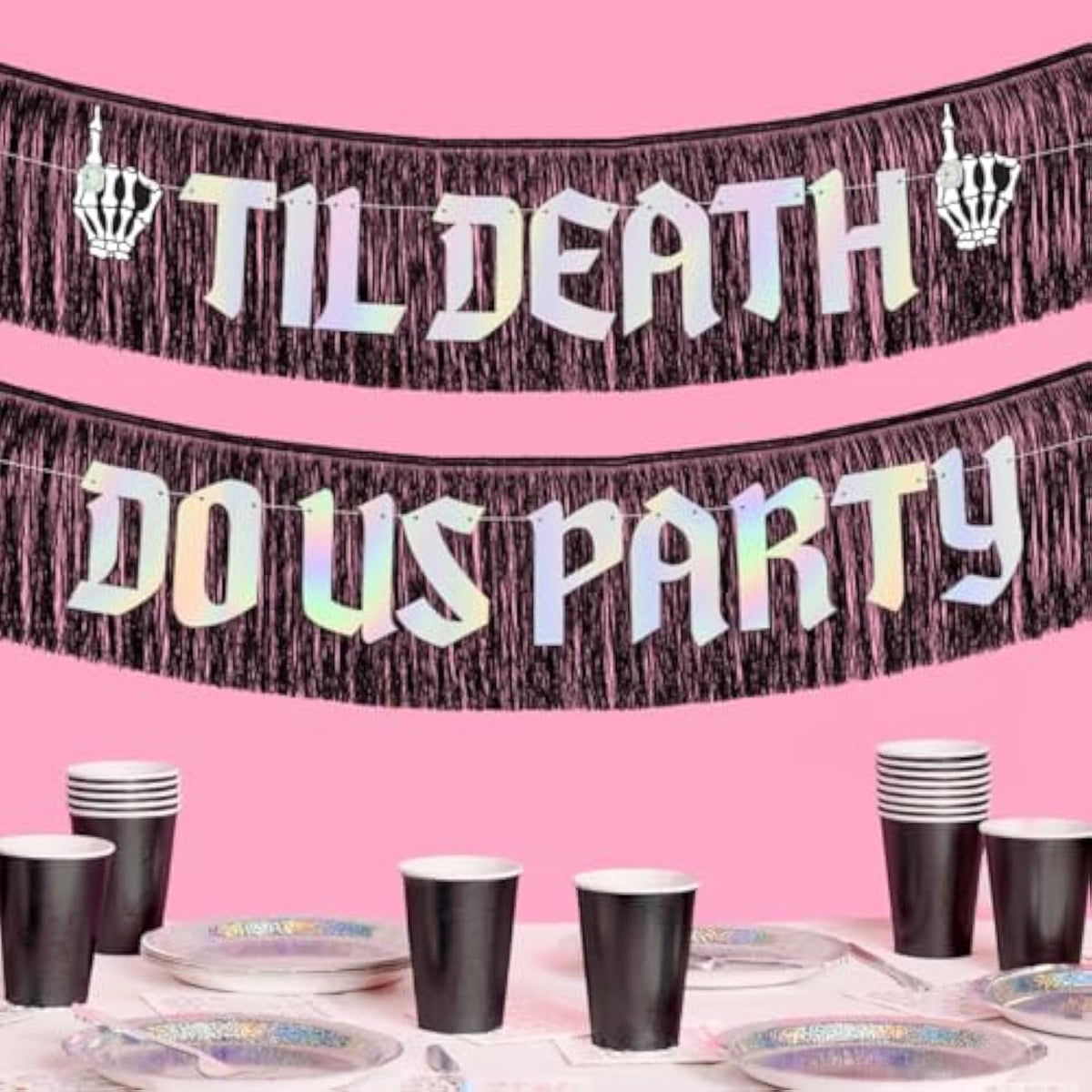 Til Death Do Us Party Fringe Banner Black Iridescent 5Ft Bachelorette Gothic Decor