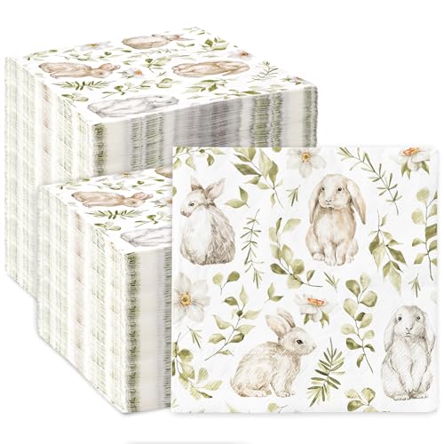 100Pcs Easter Paper Napkins Watercolor Bunny Leaves Disposable Rabbit Luncheon Dinner Napkins for Spring Wedding Birthday Party Table Supplies