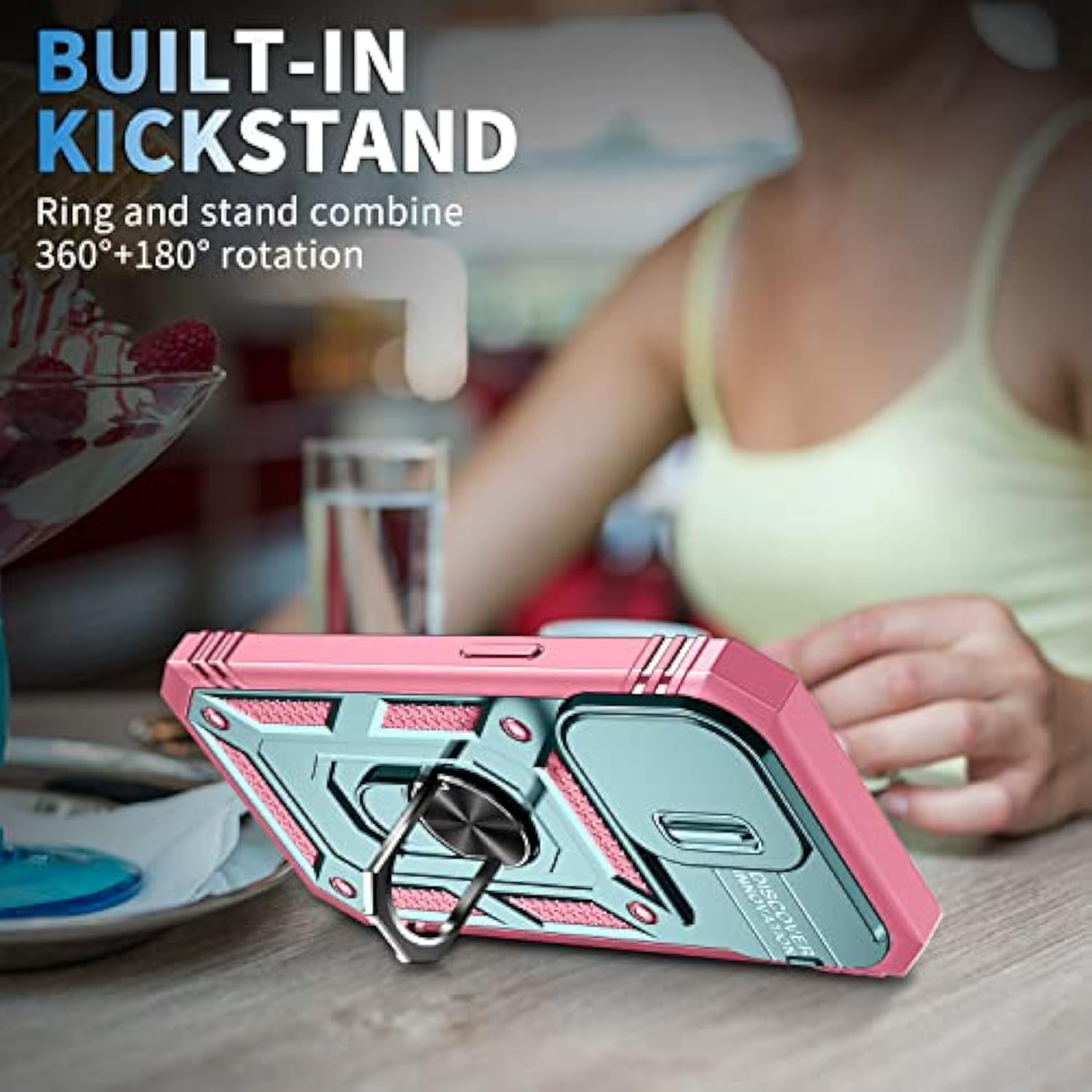 Case Compatible With Iphone 15 Pro Max, Shockproof Impact Resistant With Slide Lens Protective Cover Case For Iphone 15 Pro Max 6.7 Inch (Pink Green)