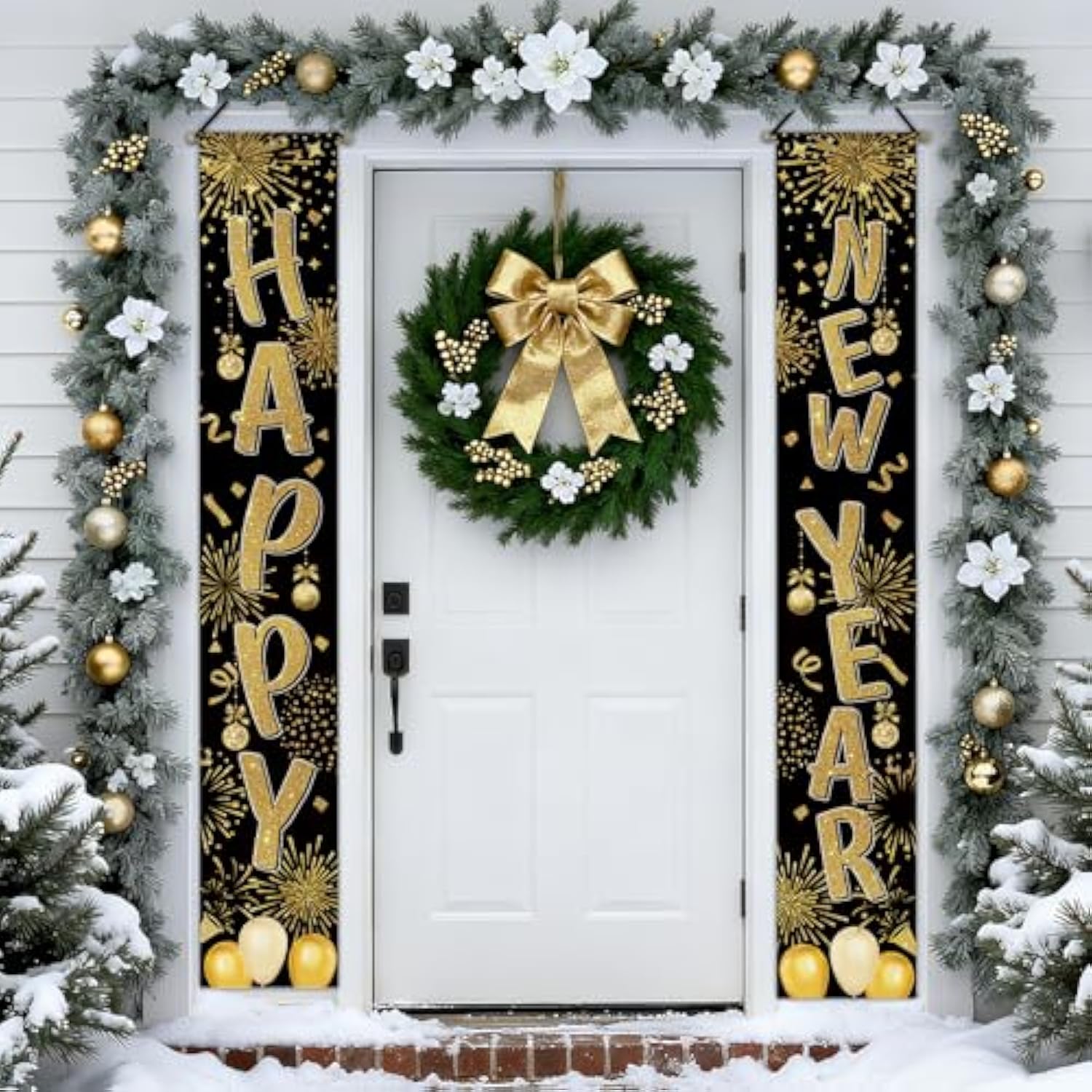 2026 New Year Porch Banner with Black Gold Fireworks and Balloons