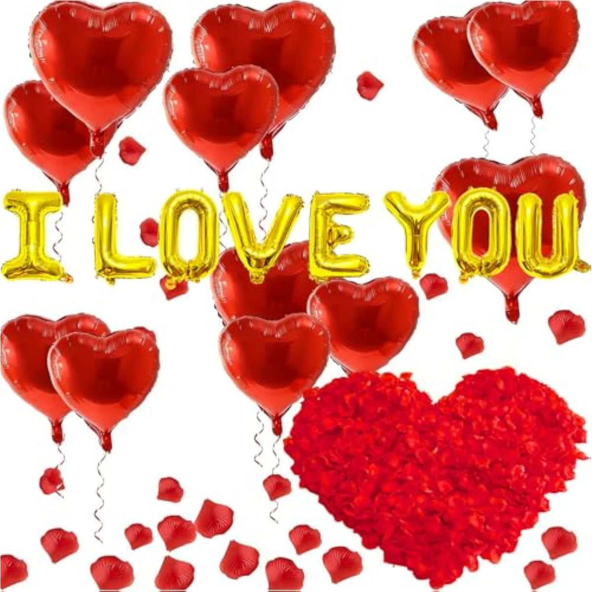 I Love You Balloons And Heart Balloon With 500 Pieces Rose Petals, Foil Mylar Love Balloons For Him/Her Wedding Anniversary Engagement Valentine Day Romantic Decorations Special Night Party Supplies